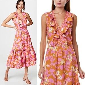 WARM 70s Tropical Floral Sleeveless Ruffle Trim V-Neck Flounce Tier Midi Dress M